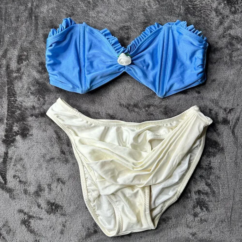 Vintage 80s/90s Bandeau Bikini Swim Suit Cinderella Blue Princess Womens SZ M